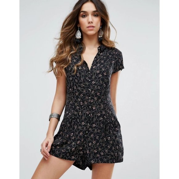 Free People Pants - Free People Debby Dot Black Vine Button Romper XS